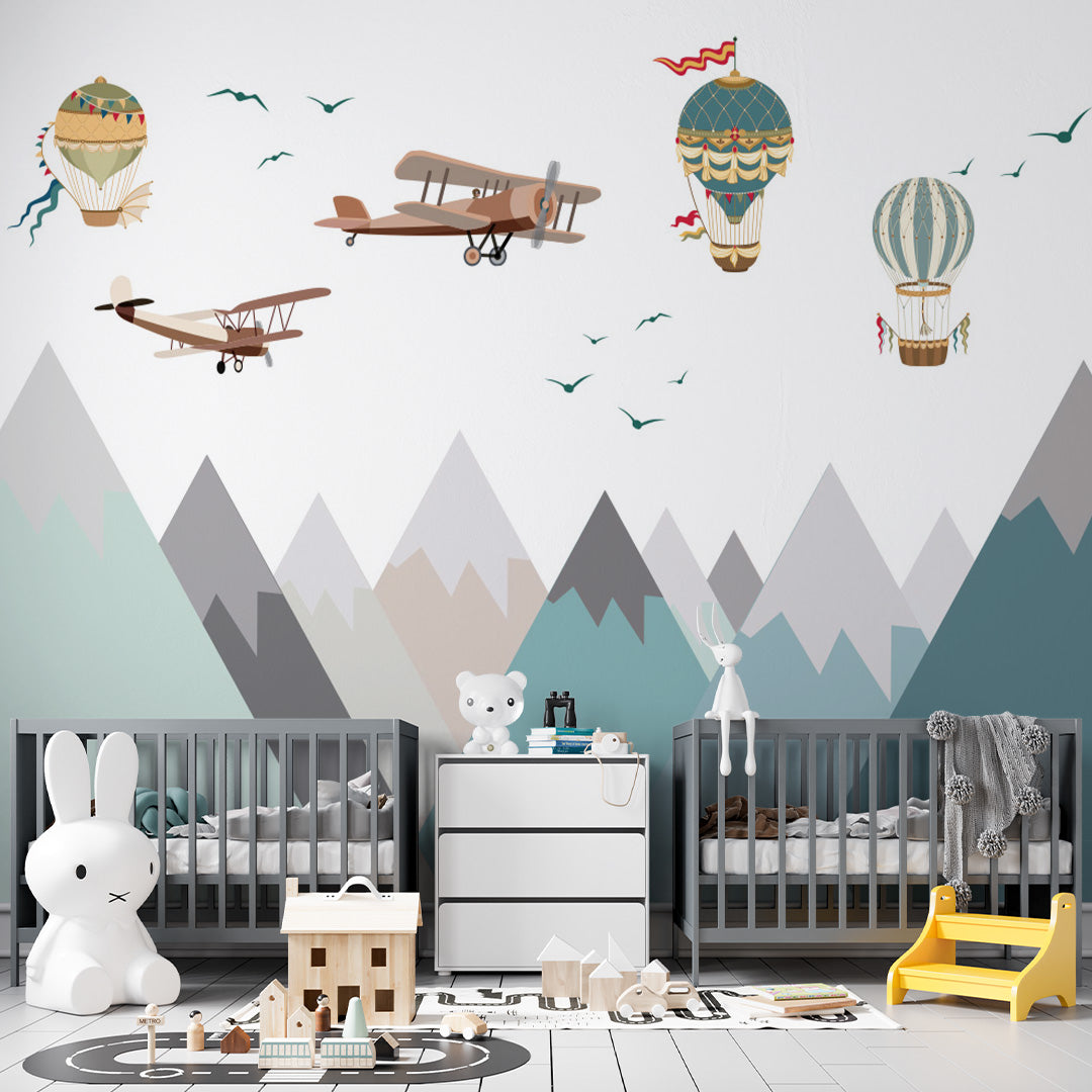 Kids Wall Murals Blue Mountains Aircrafts Balloon Wallpaper for Kids