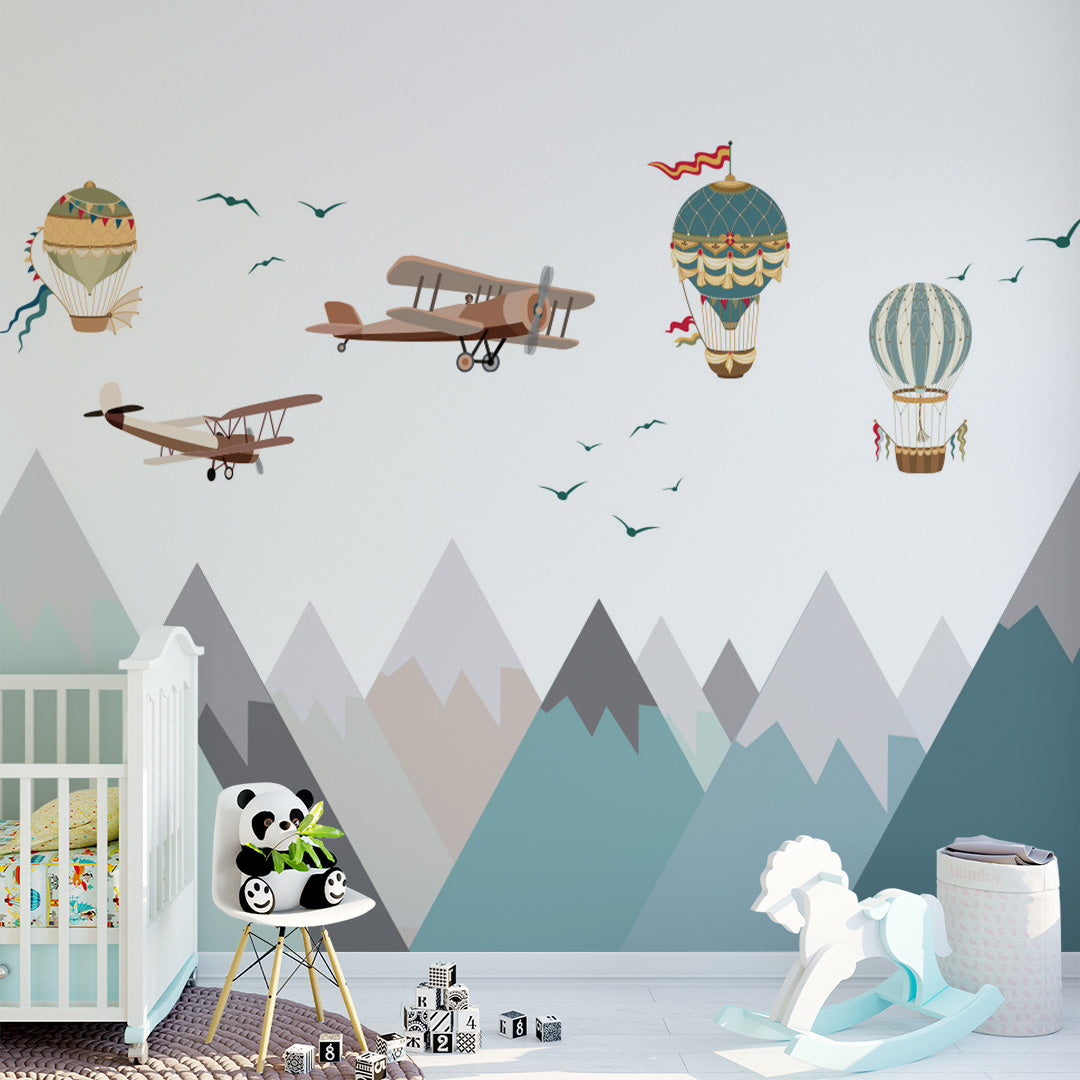 Kids Wall Murals Blue Mountains Aircrafts Balloon Wallpaper for Kids