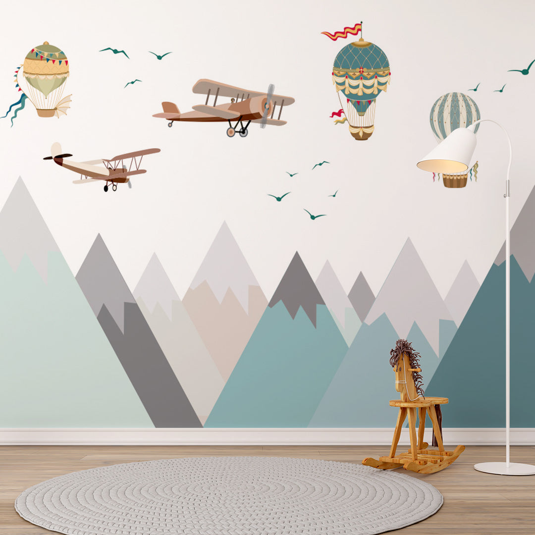 Kids Wall Murals Blue Mountains Aircrafts Balloon Wallpaper for Kids