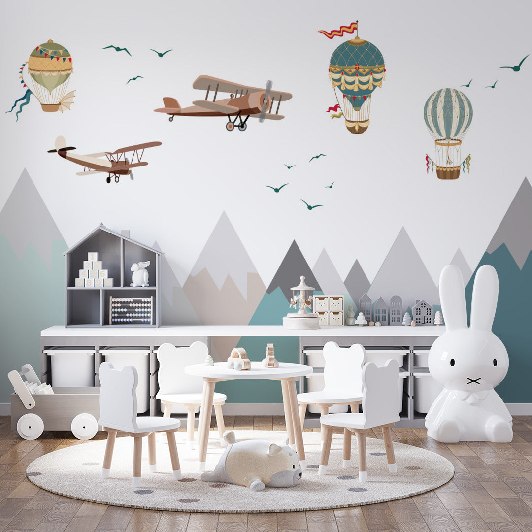 Kids Wall Murals Blue Mountains Aircrafts Balloon Wallpaper for Kids