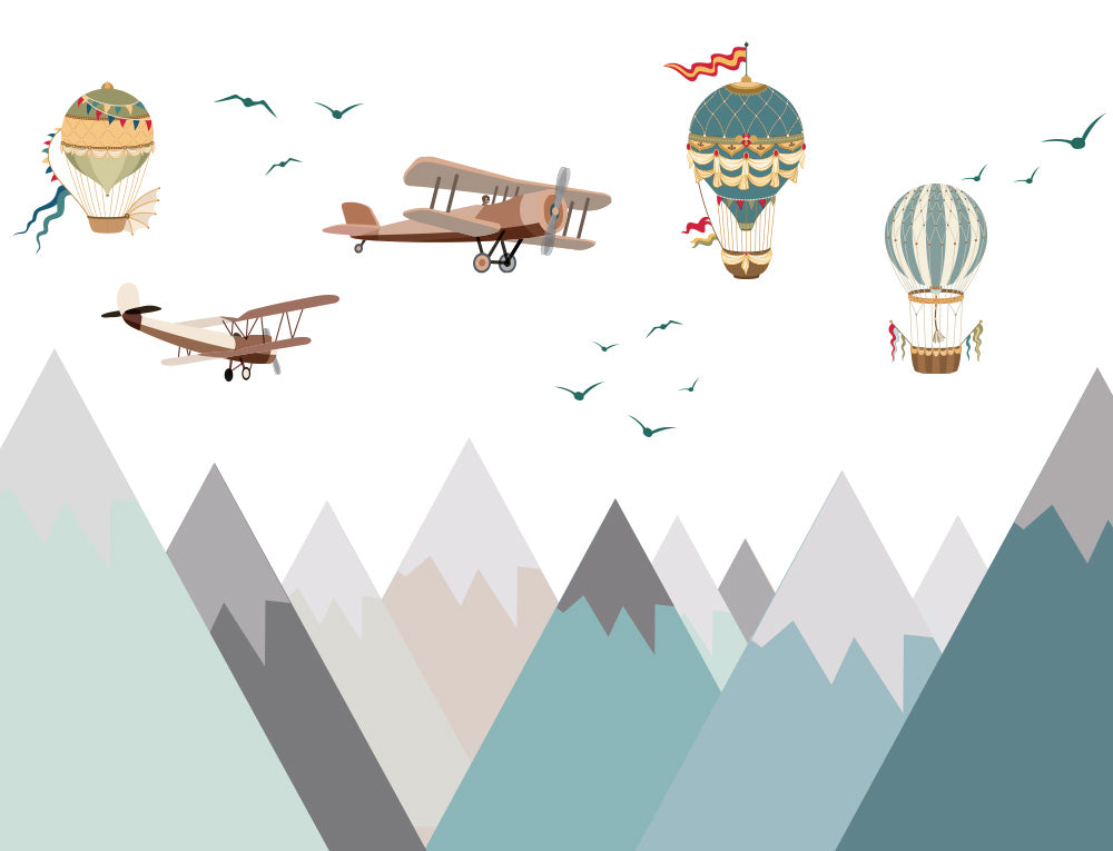 Vintage-Flugzeuge und Ballons über den Bergen – Tapete