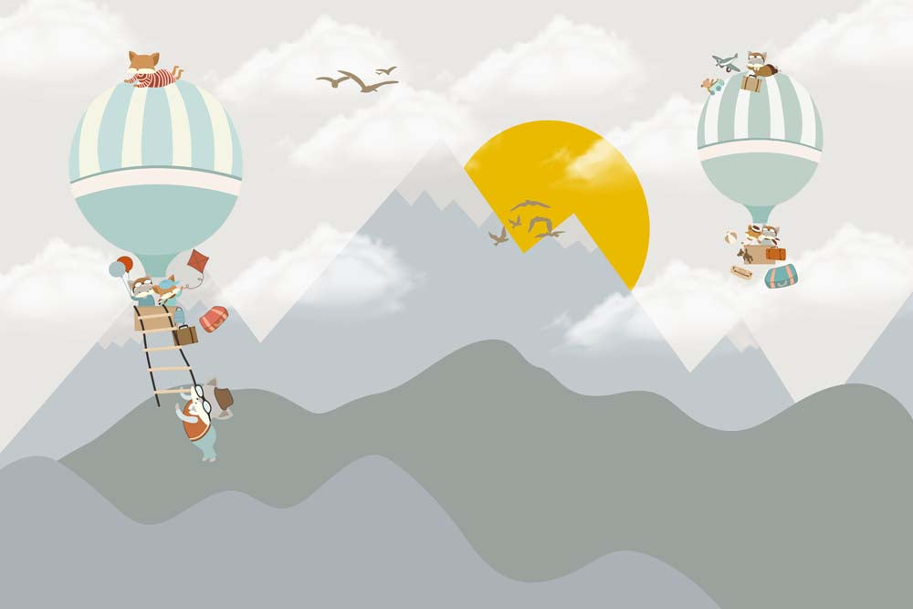 Kids Wall Murals Hot Air Balloons Sun Grey Mountains Cute Animals Wallpaper for Kids