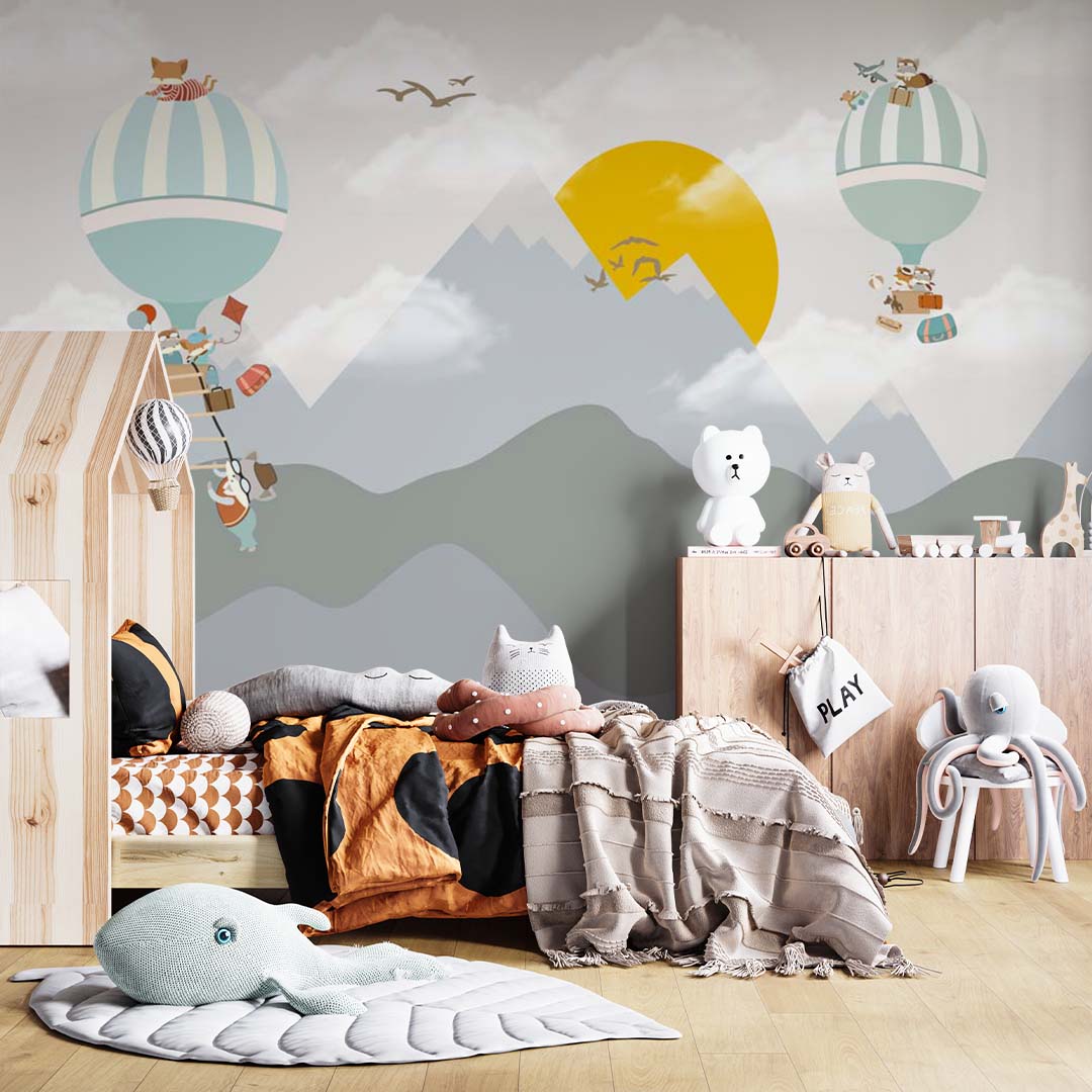 Kids Wall Murals Hot Air Balloons Sun Grey Mountains Cute Animals Wallpaper for Kids