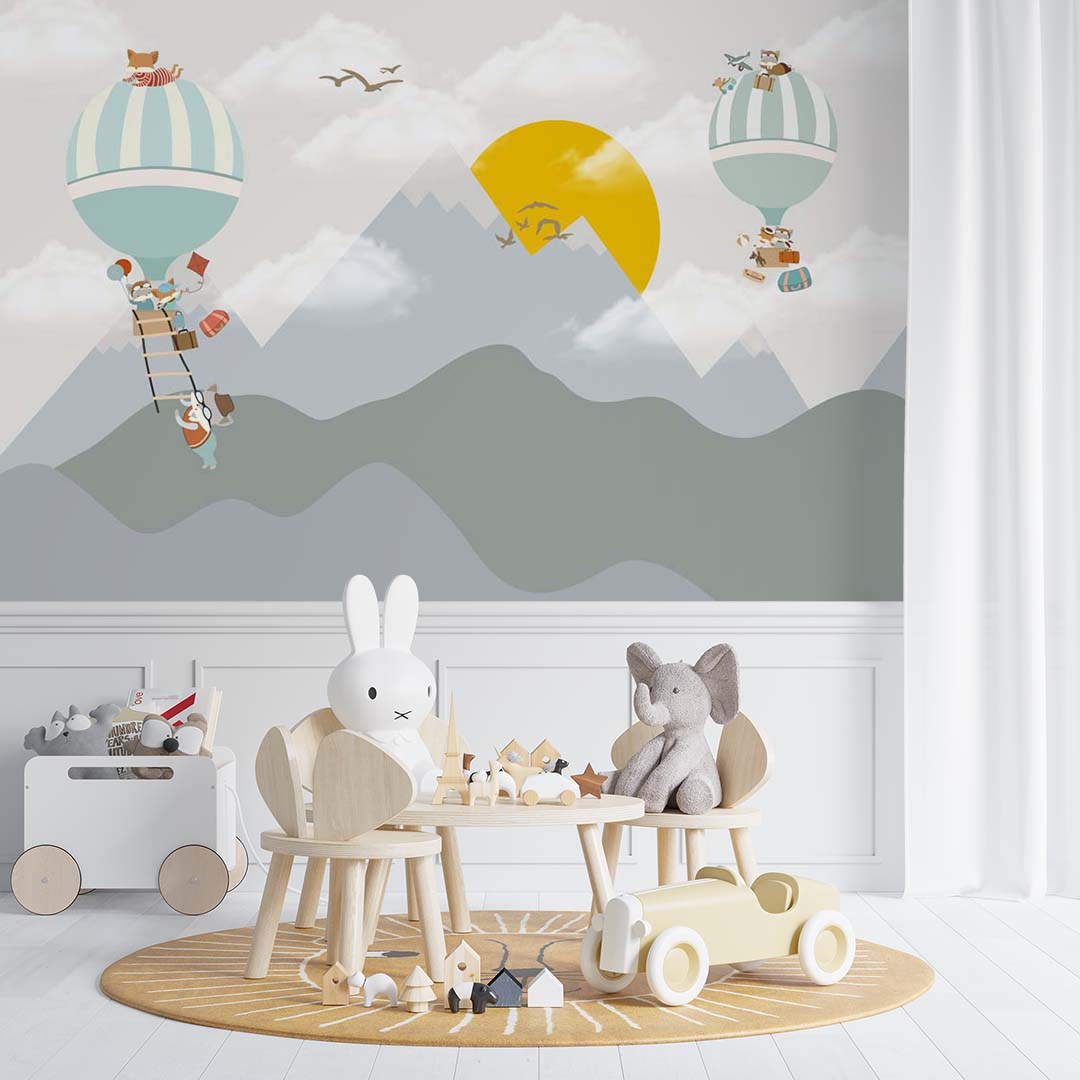 Kids Wall Murals Hot Air Balloons Sun Grey Mountains Cute Animals Wallpaper for Kids