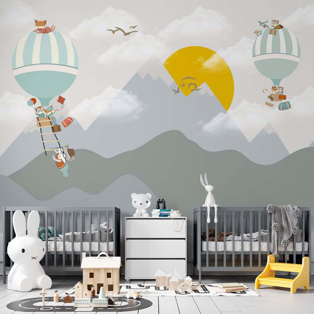 Kids Wall Murals Hot Air Balloons Sun Grey Mountains Cute Animals Wallpaper for Kids