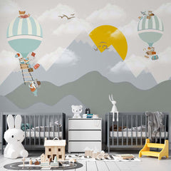 Custom Kids Wall Murals Hot Air Balloons Sun Grey Mountains Cute Animals Wallpaper for Kids