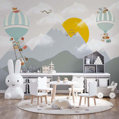 Custom Kids Wall Murals Hot Air Balloons Sun Grey Mountains Cute Animals Wallpaper for Kids