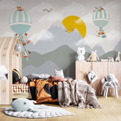 Custom Kids Wall Murals Hot Air Balloons Sun Grey Mountains Cute Animals Wallpaper for Kids