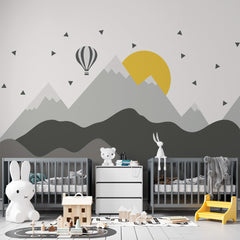 Custom Kids Wall Murals Grey Mountains Geometric Yellow Sun Balloon Wallpaper for Kids