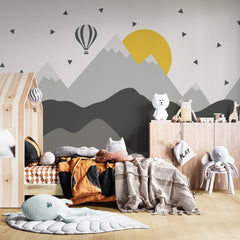 Custom Kids Wall Murals Grey Mountains Geometric Yellow Sun Balloon Wallpaper for Kids