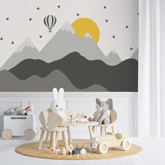 Custom Kids Wall Murals Grey Mountains Geometric Yellow Sun Balloon Wallpaper for Kids