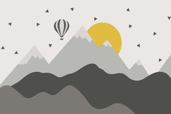 Custom Kids Wall Murals Grey Mountains Geometric Yellow Sun Balloon Wallpaper for Kids