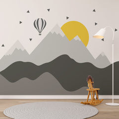 Custom Kids Wall Murals Grey Mountains Geometric Yellow Sun Balloon Wallpaper for Kids