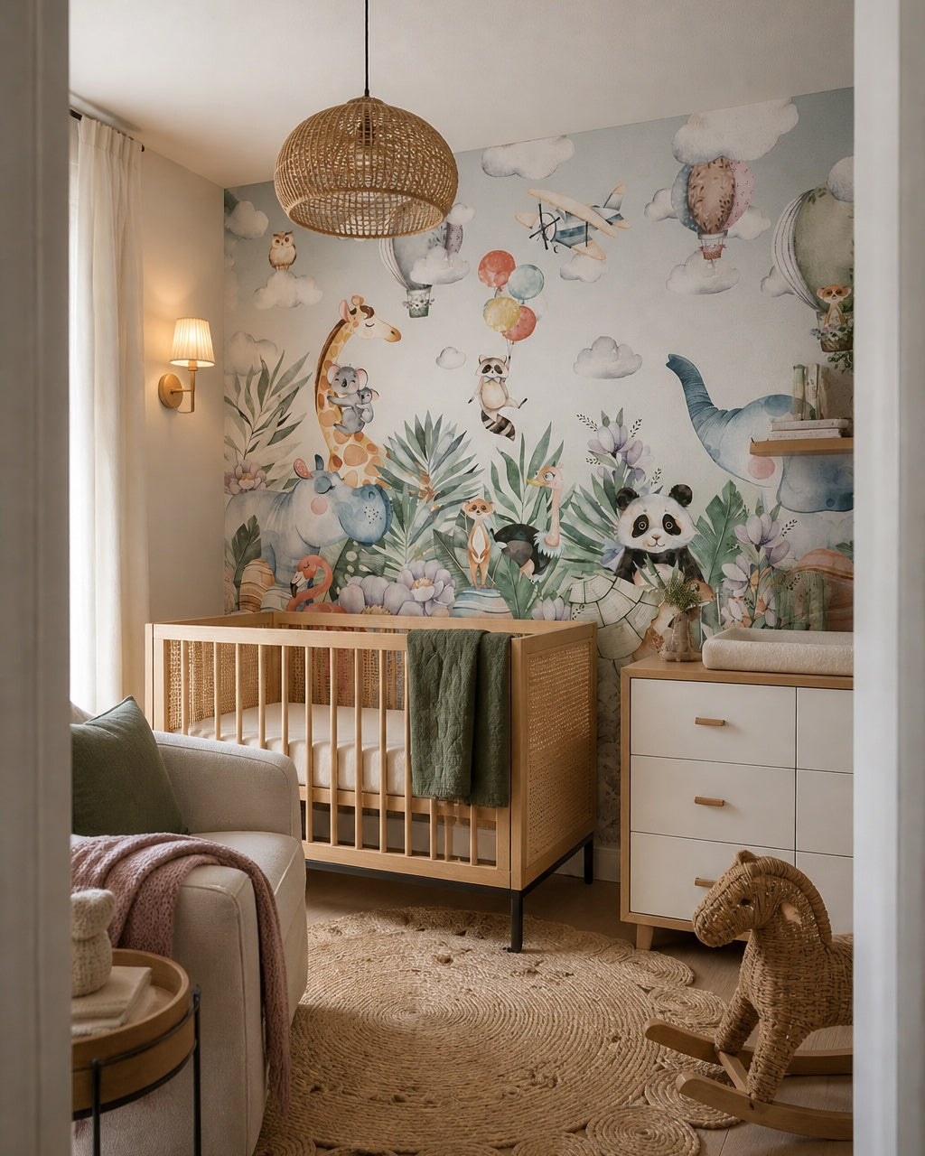 Whimsical safari wallpaper in a modern nursery with a crib.