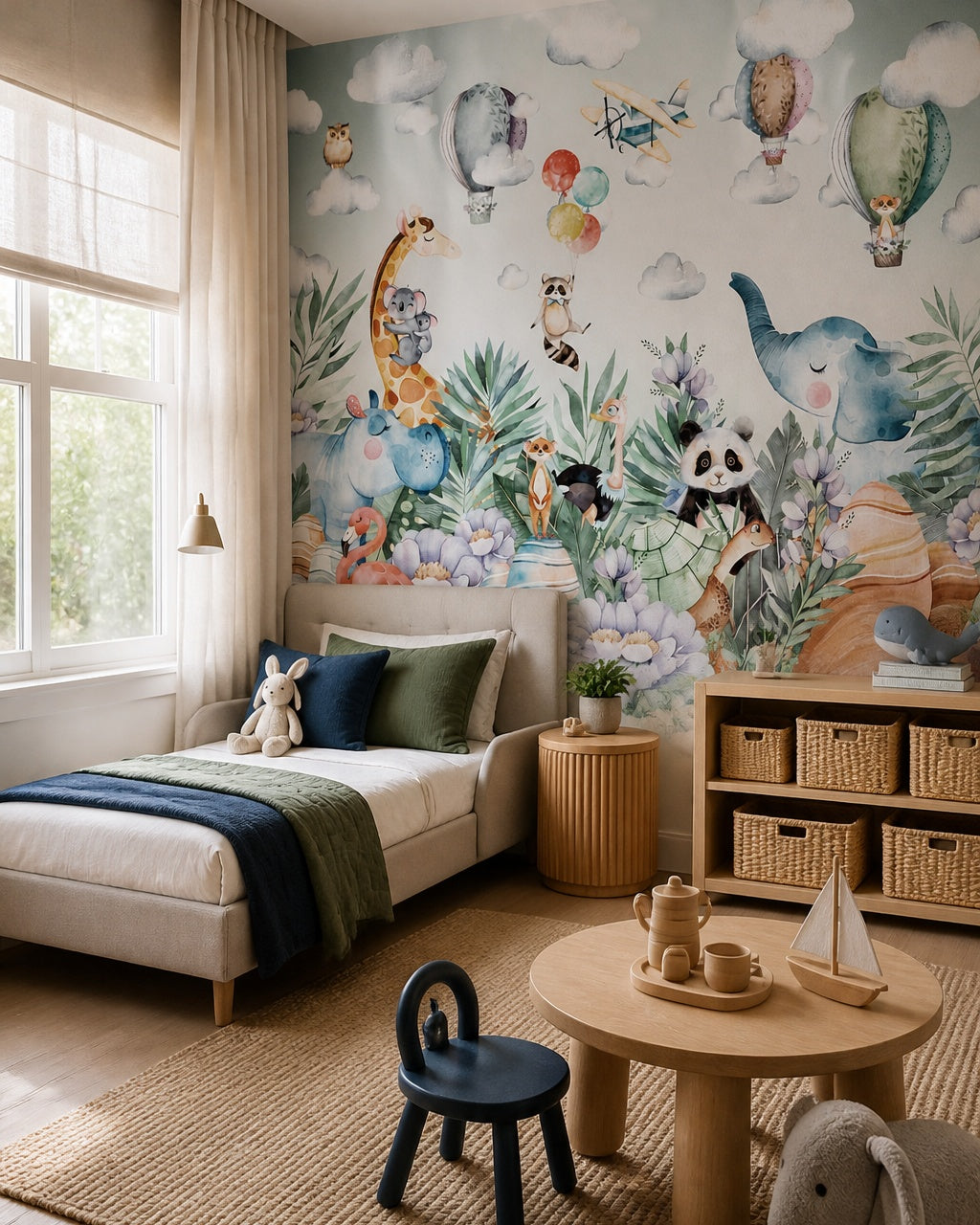 Whimsical safari wallpaper in a toddler bedroom with a child-sized bed.
