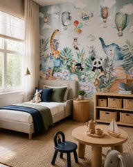Whimsical safari wallpaper in a toddler bedroom with a child-sized bed.