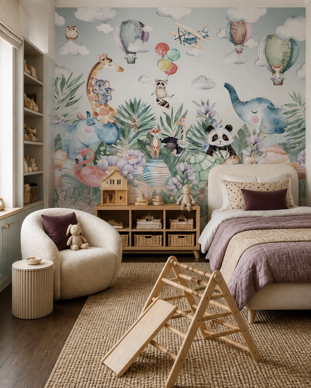 Whimsical safari wallpaper in a girl’s bedroom.