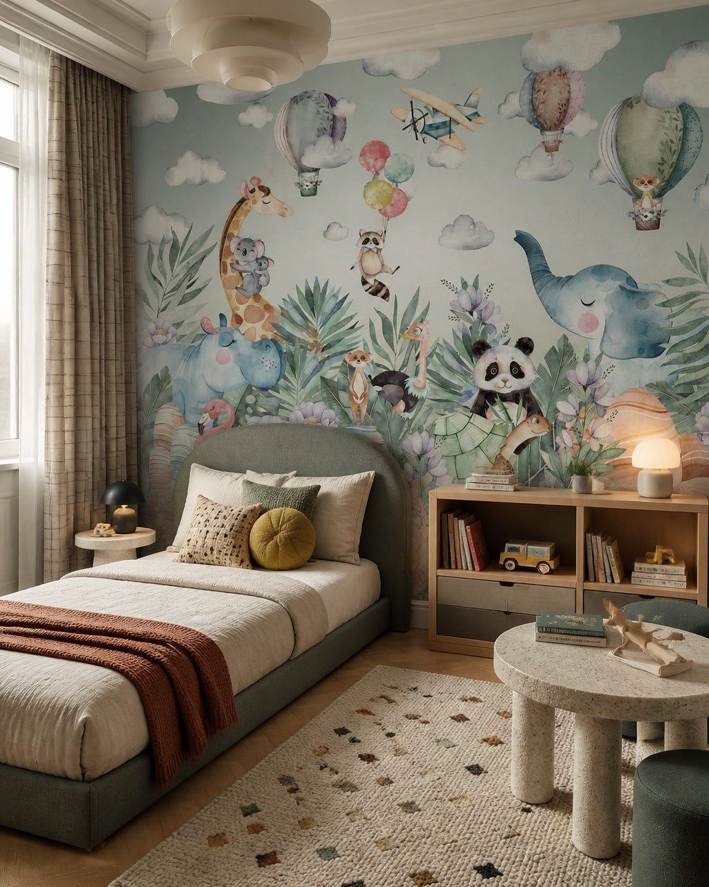 Whimsical safari wallpaper in a boy’s bedroom.