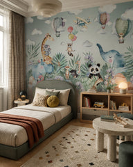 Whimsical safari wallpaper in a boy’s bedroom.
