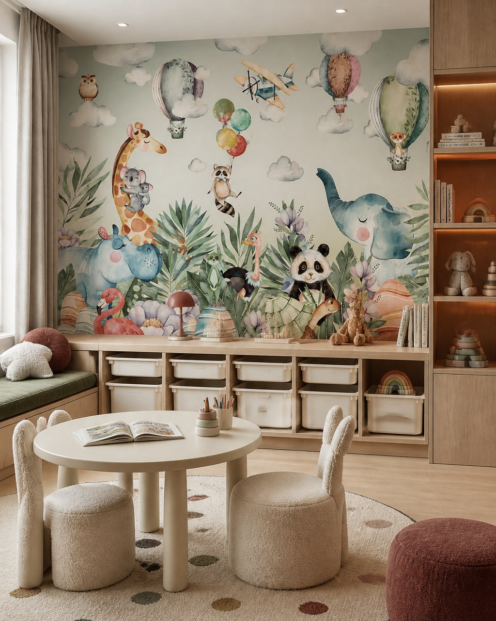 Whimsical safari wallpaper in a children’s playroom.