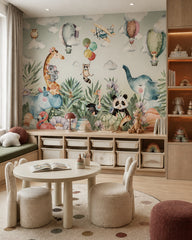 Whimsical safari wallpaper in a children’s playroom.