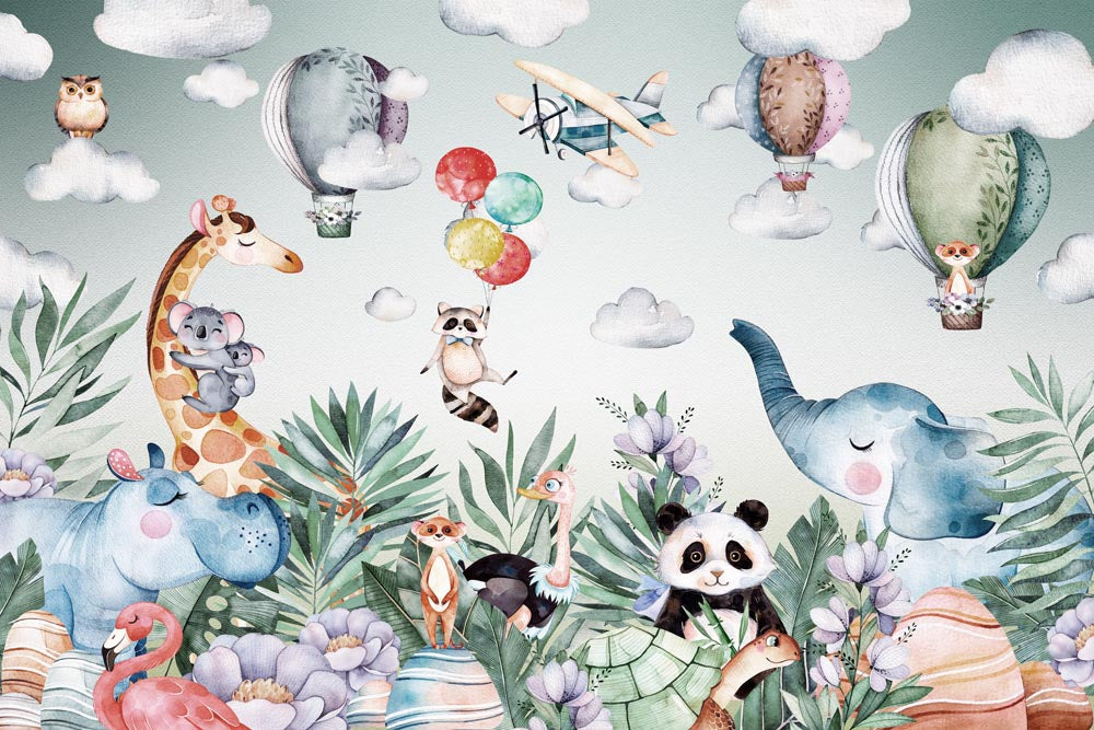 Papier peint safari fantaisiste – Papier peint panoramique éléphant, girafe et panda