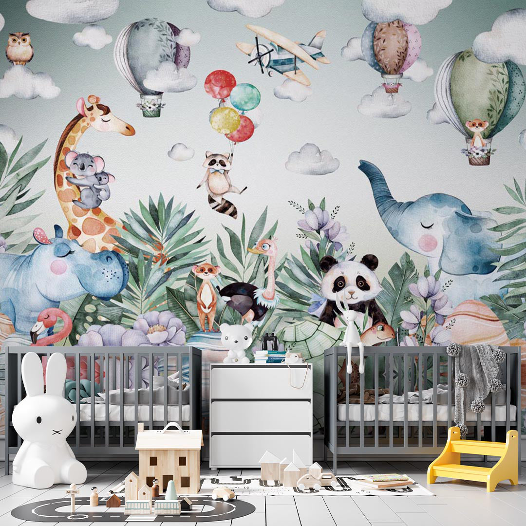 Kids Wall Mural Cartoon African Safari Cute Animals Wallpaper for Kids Room