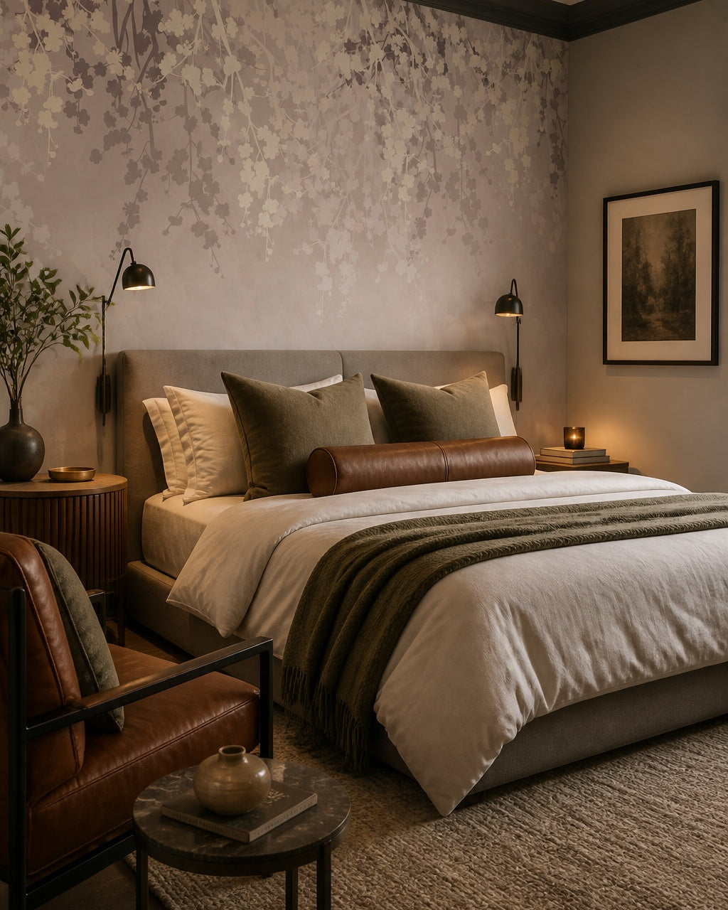 Neutral blush leaves wallpaper in a designer bedroom.