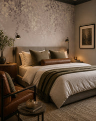 Neutral blush leaves wallpaper in a designer bedroom.