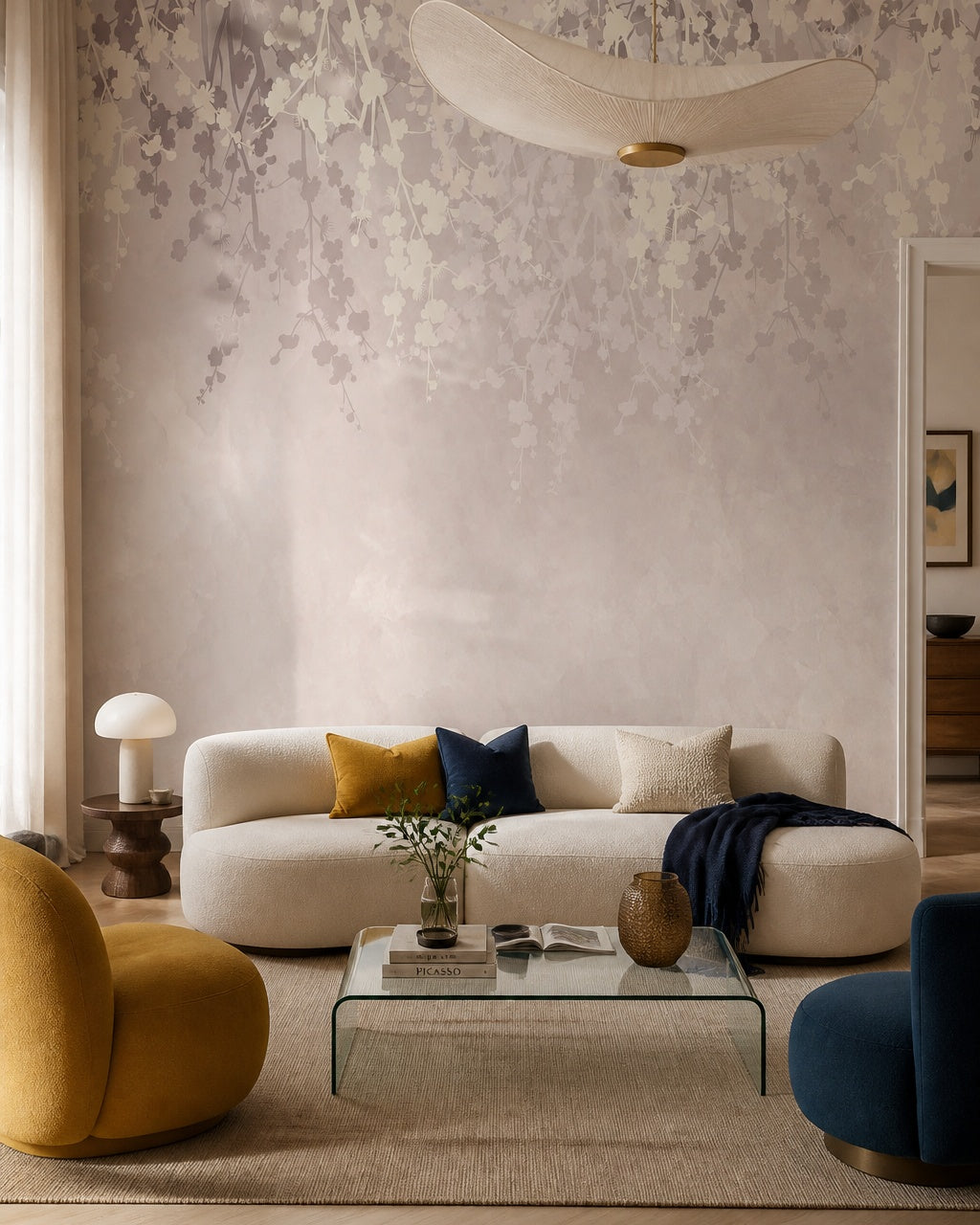 Neutral blush leaves wallpaper in a designer living room.