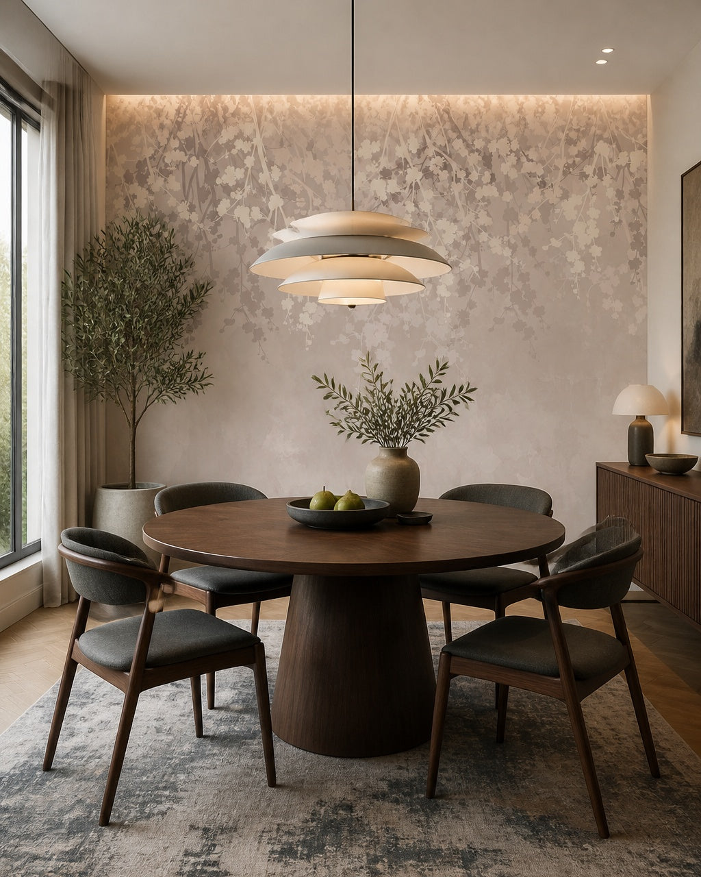 Neutral blush leaves wallpaper in a refined dining area.