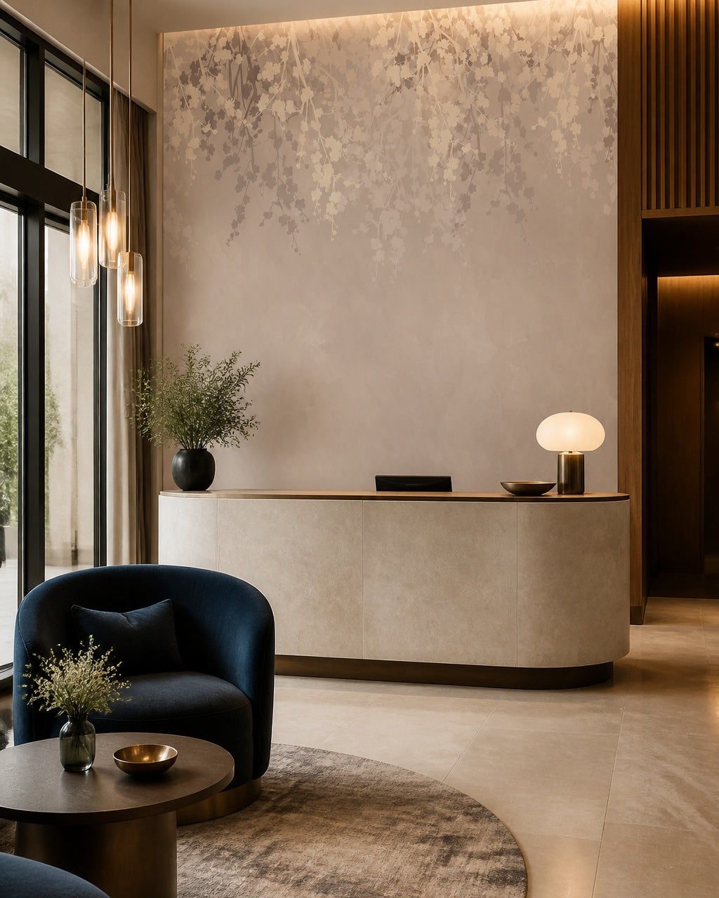Neutral blush leaves wallpaper in a boutique hotel lobby.
