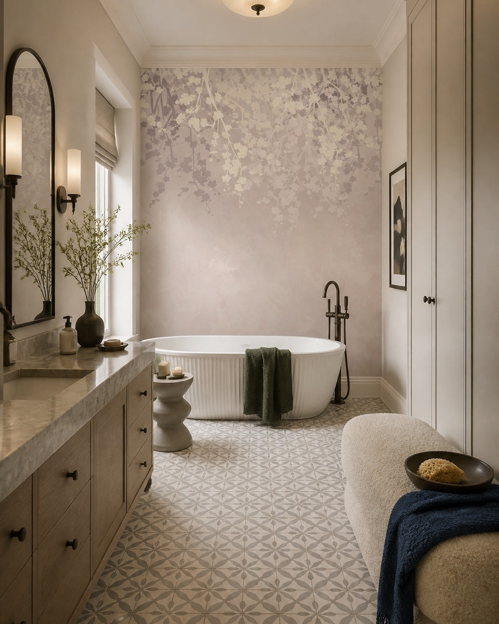 Neutral blush leaves wallpaper in a luxury bathroom.