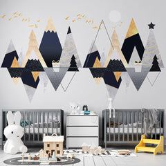 Custom Kids Wall Murals Scandinavian Grey Mountains Geometric Gold Pine Tree Wallpaper for Kids