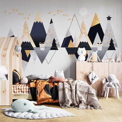 Custom Kids Wall Murals Scandinavian Grey Mountains Geometric Gold Pine Tree Wallpaper for Kids