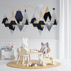 Custom Kids Wall Murals Scandinavian Grey Mountains Geometric Gold Pine Tree Wallpaper for Kids