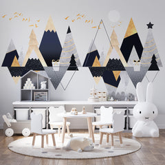 Custom Kids Wall Murals Scandinavian Grey Mountains Geometric Gold Pine Tree Wallpaper for Kids