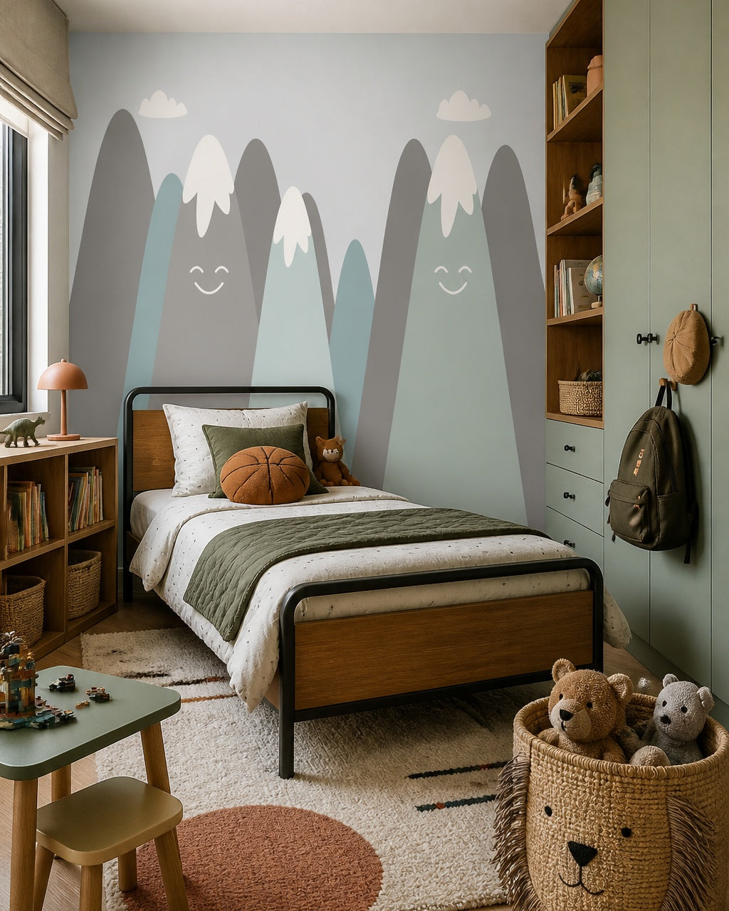 Happy snowy mountains kids room wallpaper in a boy’s bedroom.