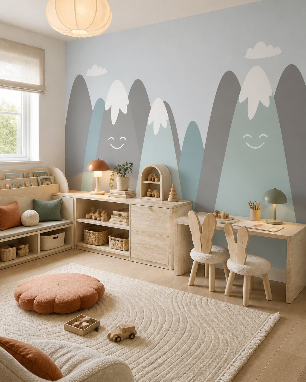 Happy snowy mountains kids room wallpaper in a children’s playroom.