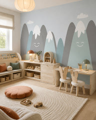 Happy snowy mountains kids room wallpaper in a children’s playroom.
