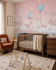 Bunnies with balloons wallpaper in a modern nursery with a crib.