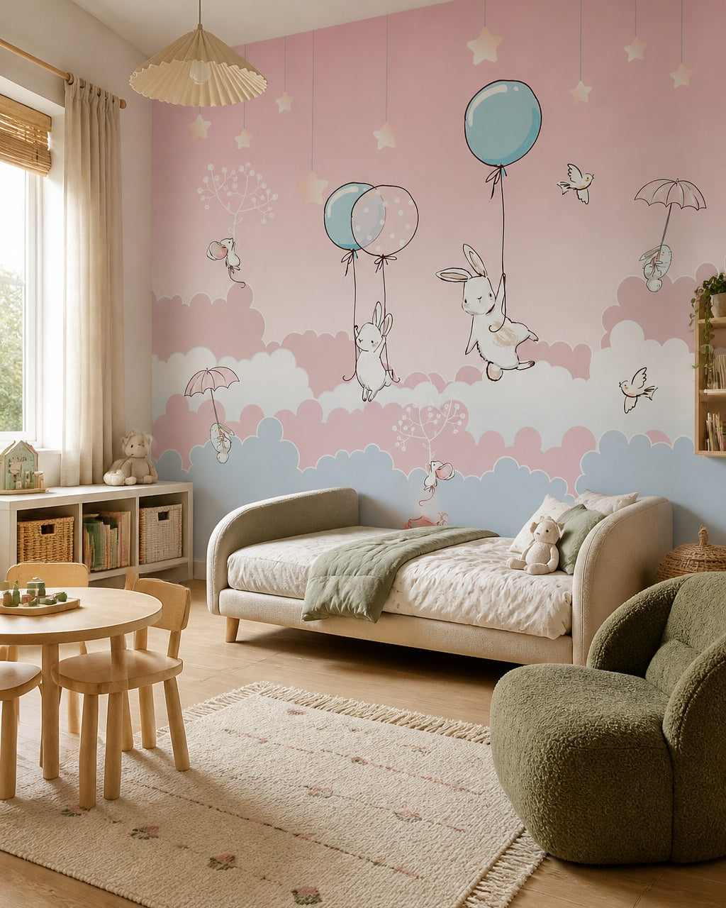 Bunnies with balloons wallpaper in a toddler bedroom with a child-sized bed.