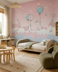 Bunnies with balloons wallpaper in a toddler bedroom with a child-sized bed.