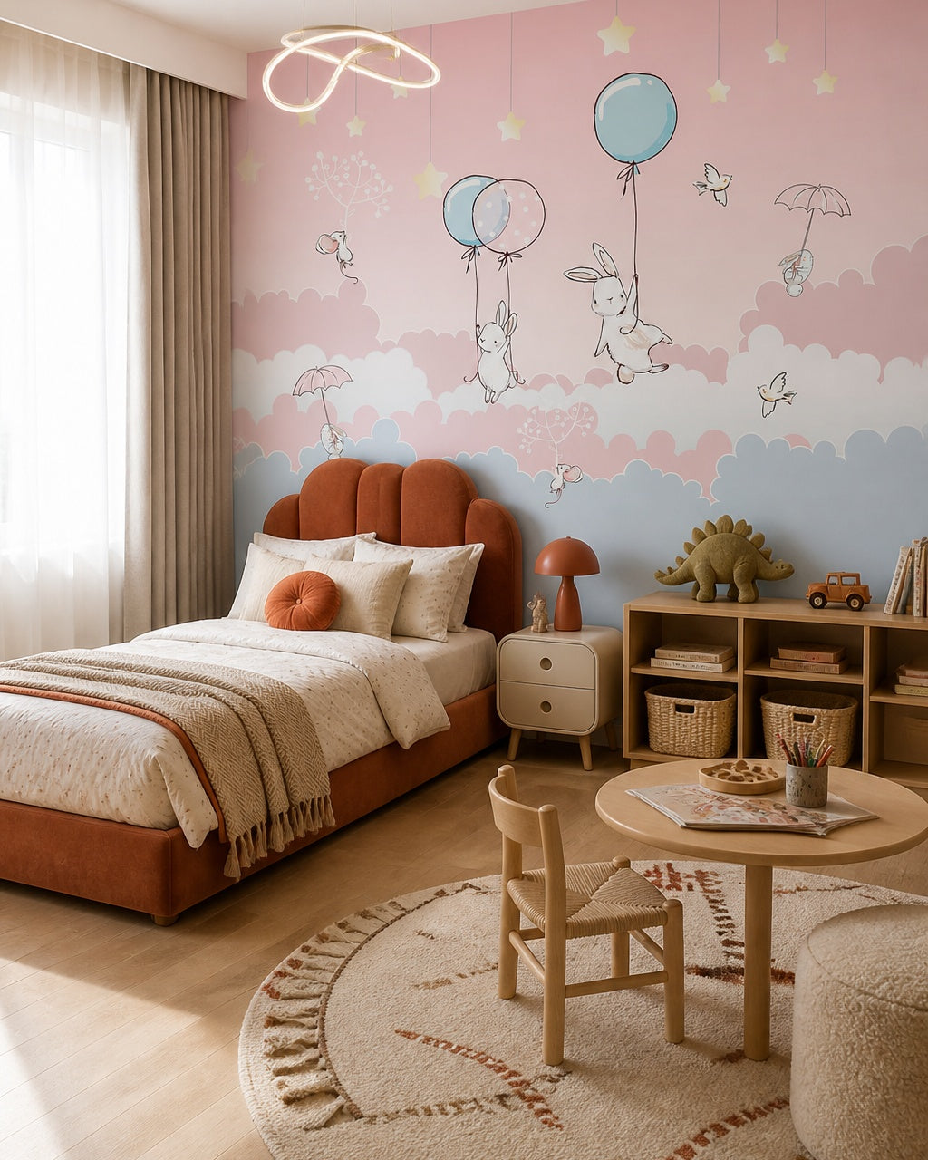 Bunnies with balloons wallpaper in a boy’s bedroom.