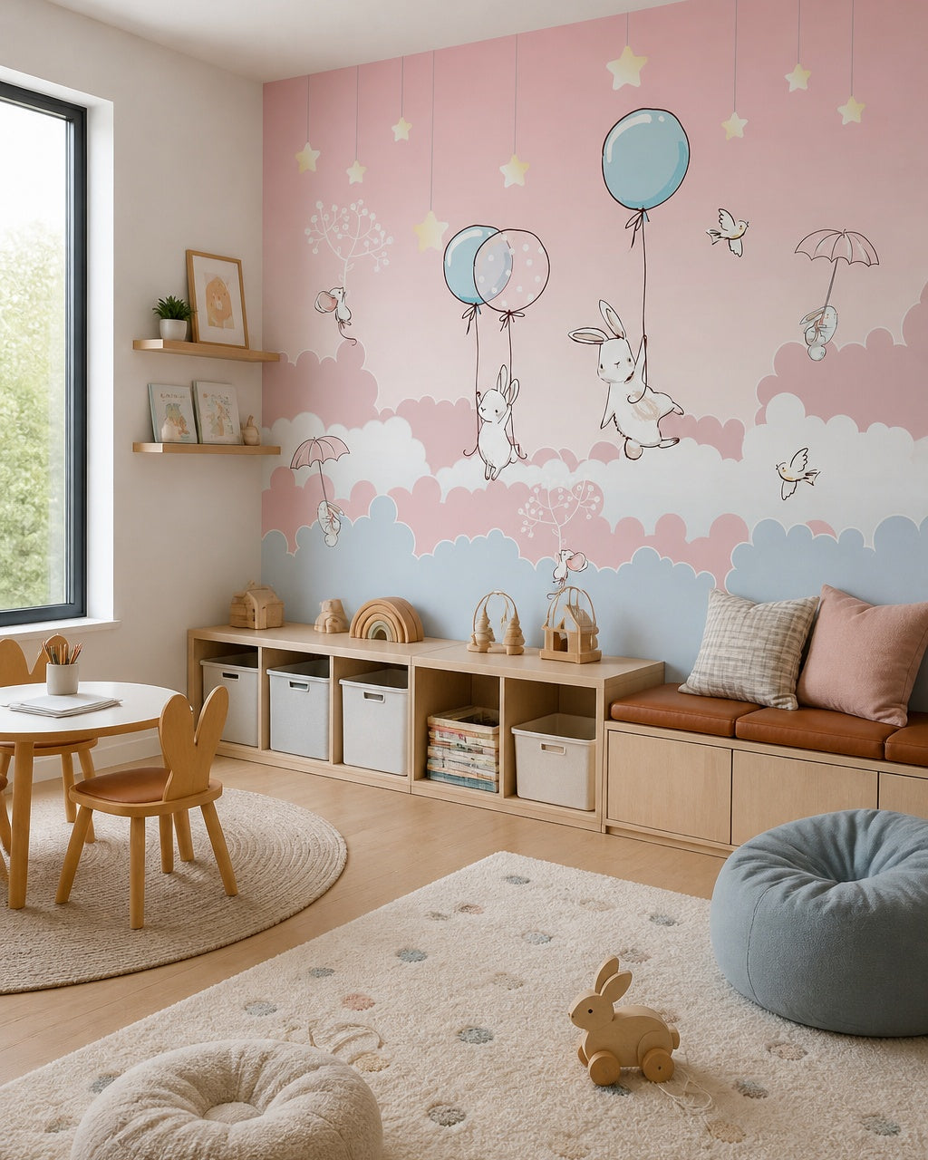 Bunnies with balloons wallpaper in a children’s playroom.