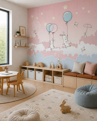 Bunnies with balloons wallpaper in a children’s playroom.