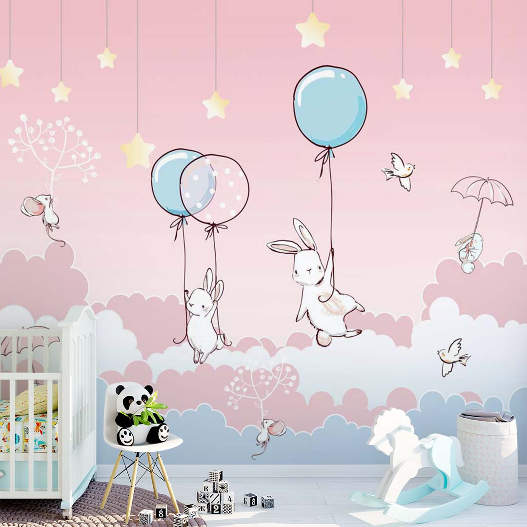 Kids Wall Murals Pink Clouds Hot Air Balloons Cute Bunny Wallpaper for Kids