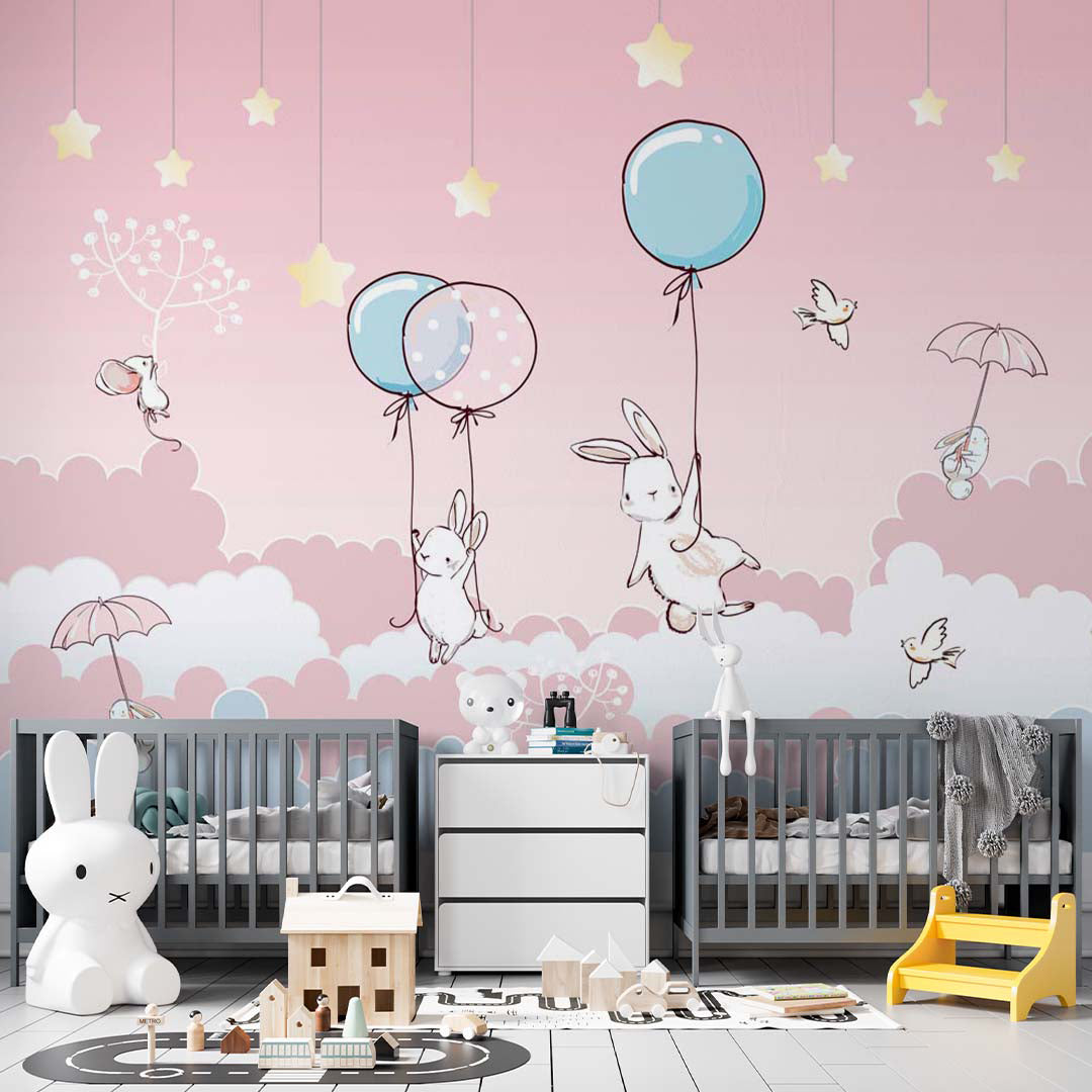 Kids Wall Murals Pink Clouds Hot Air Balloons Cute Bunny Wallpaper for Kids