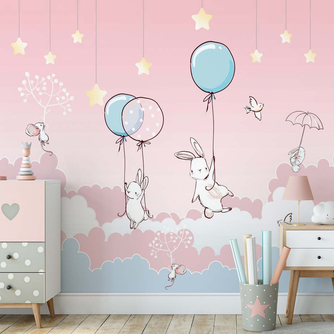 Kids Wall Murals Pink Clouds Hot Air Balloons Cute Bunny Wallpaper for Kids