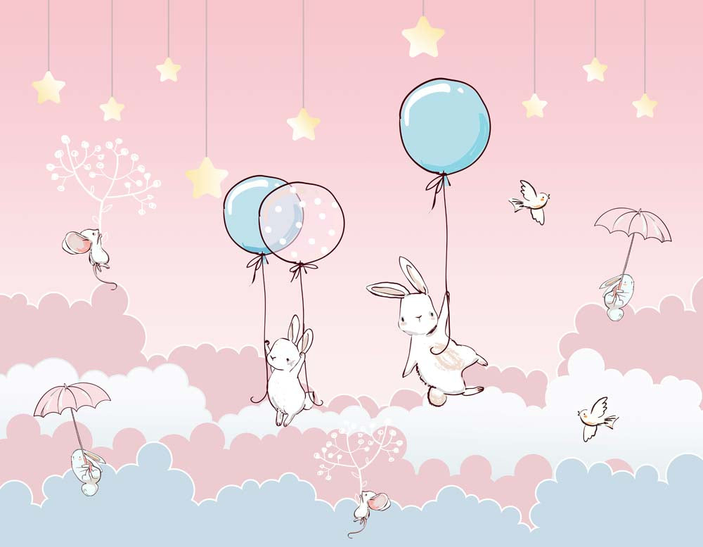 Konijntjes met ballonnen – fotobehang met roze wolken, sterren en paraplu's